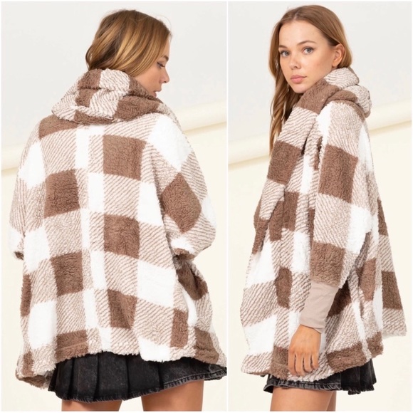1 LEFT! Taupe Ivory Plaid Ultra Comfy Teddy Sherpa Open Cardigan Hooded Coat - Picture 2 of 3